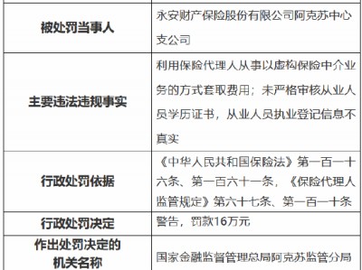 因利用保险代理人从事以虚构保险中介业务的方式套取费用 永安保险阿克苏中心支公司被罚16万元